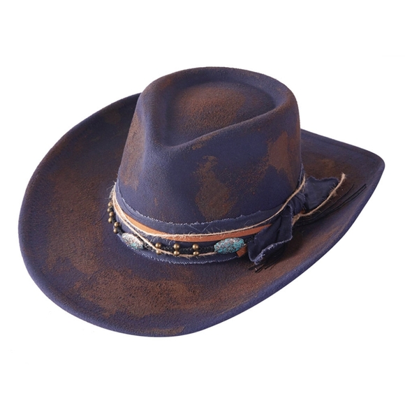 Blue Boho Western Rustic Fabric Band Cowboy Hat Brim Womens Statement Accessory - Picture 5 of 6